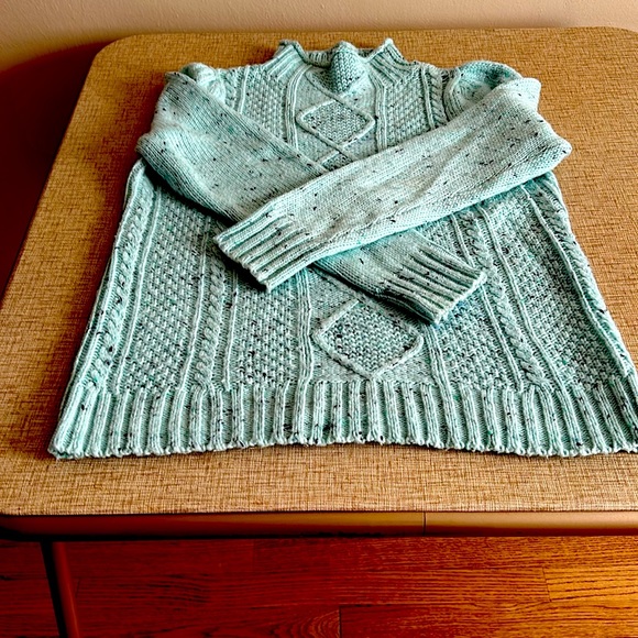 Talbots mock neck cable knit sweater.  Mint aqua color. Medium Petite. Speckled - Picture 8 of 10